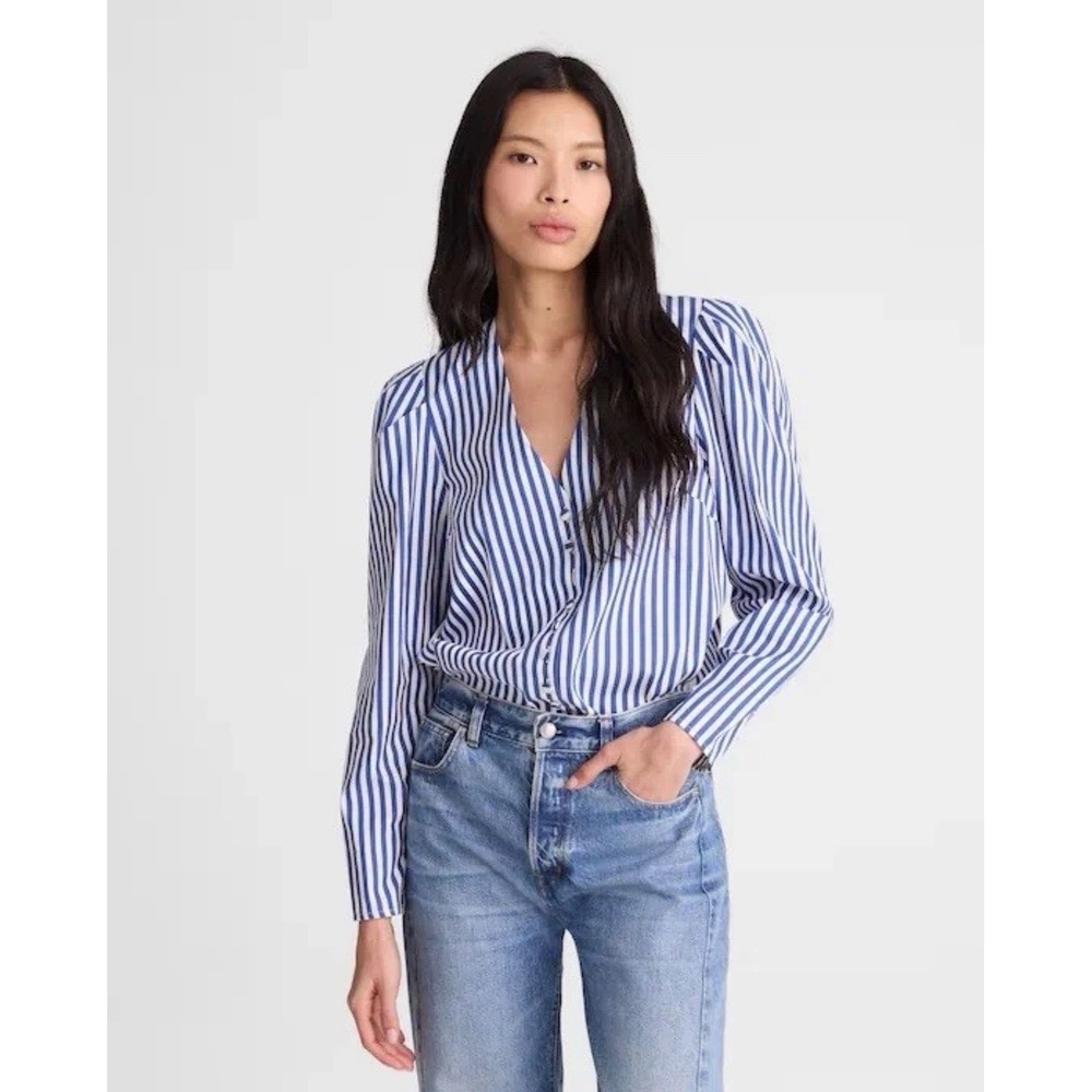 Madewell Blue White Striped V-Neck Puff Sleeve Button Front Blouse NZ420 XL NEW